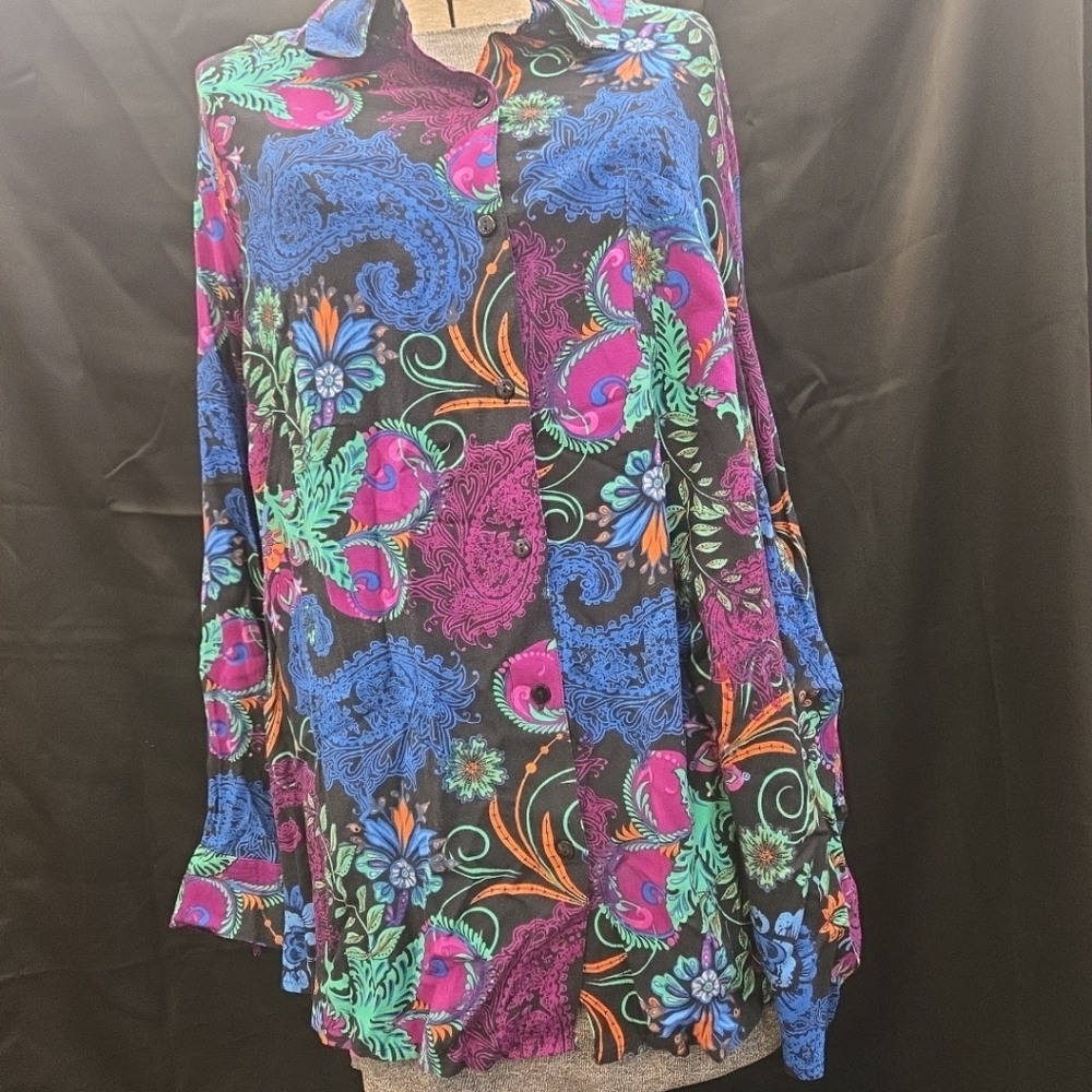 Blair Plus 3x Colorful Vibrant Maximalist Bold Long Sleeve Button-up Boho Top